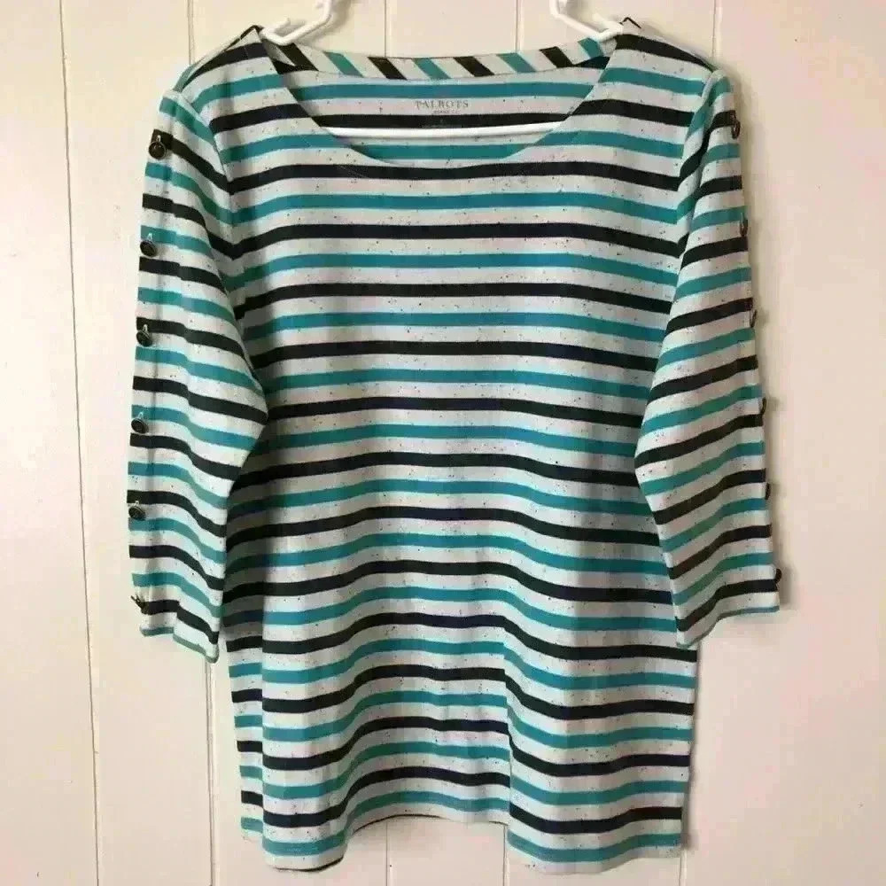 Talbots 3/4 Sleeve Striped Cotton Blend Top Shirt Size X
